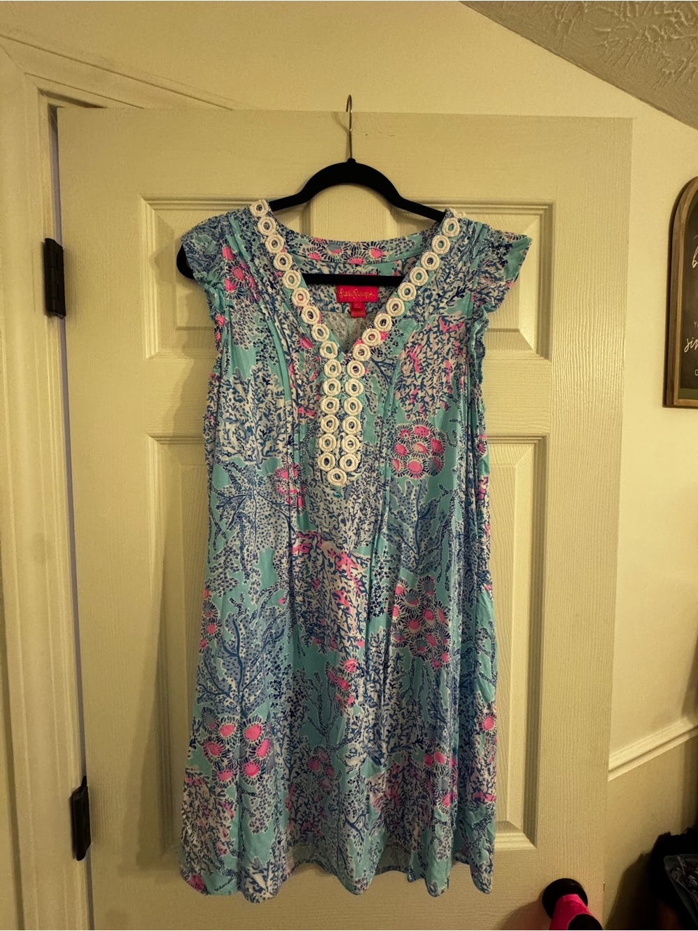 Lilly Pulitzer Aqua Floral Cap-Sleeve Cotton Dress with Pink Accents